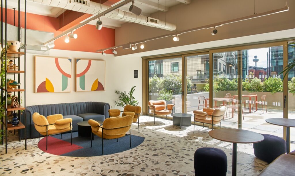 A bright shared lounge area at The Plaza